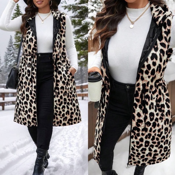 Plus Leopard Print Lined Drawstring Waist Hoodie Vest - Picture 2 of 4